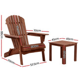 Gardeon 3PC Adirondack Outdoor Table and Chairs Wooden Foldable Beach Chair Brown - Front View