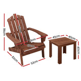 Gardeon 3PC Adirondack Outdoor Table and Chairs Wooden Beach Chair Brown - Front View