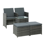 Gardeon 5PC Bistro Set Wicker Table and Chairs Ottoman Outdoor Furniture Grey - Side View