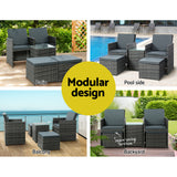 Gardeon 5PC Bistro Set Wicker Table and Chairs Ottoman Outdoor Furniture Grey - Rear View