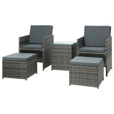 Gardeon 5PC Bistro Set Wicker Table and Chairs Ottoman Outdoor Furniture Grey - Close-Up Angle
