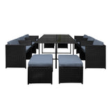 Gardeon Outdoor Dining Set 11 Piece Wicker Table Chairs Setting Black - Side View