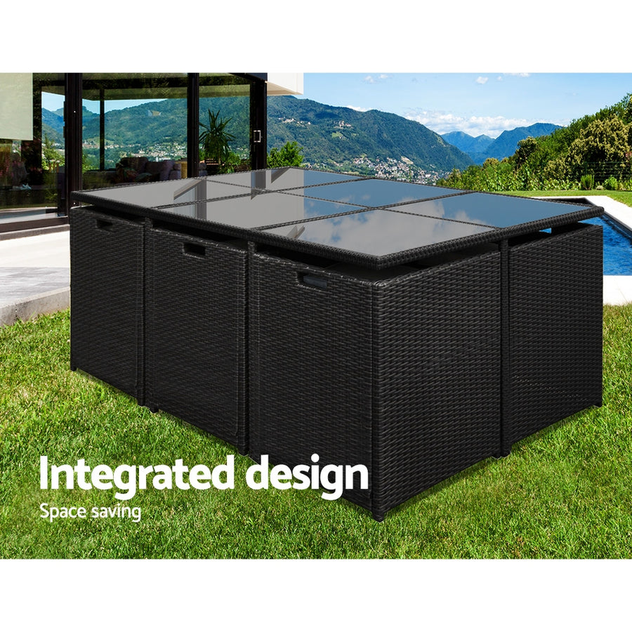 Gardeon Outdoor Dining Set 11 Piece Wicker Table Chairs Setting Black, image 4