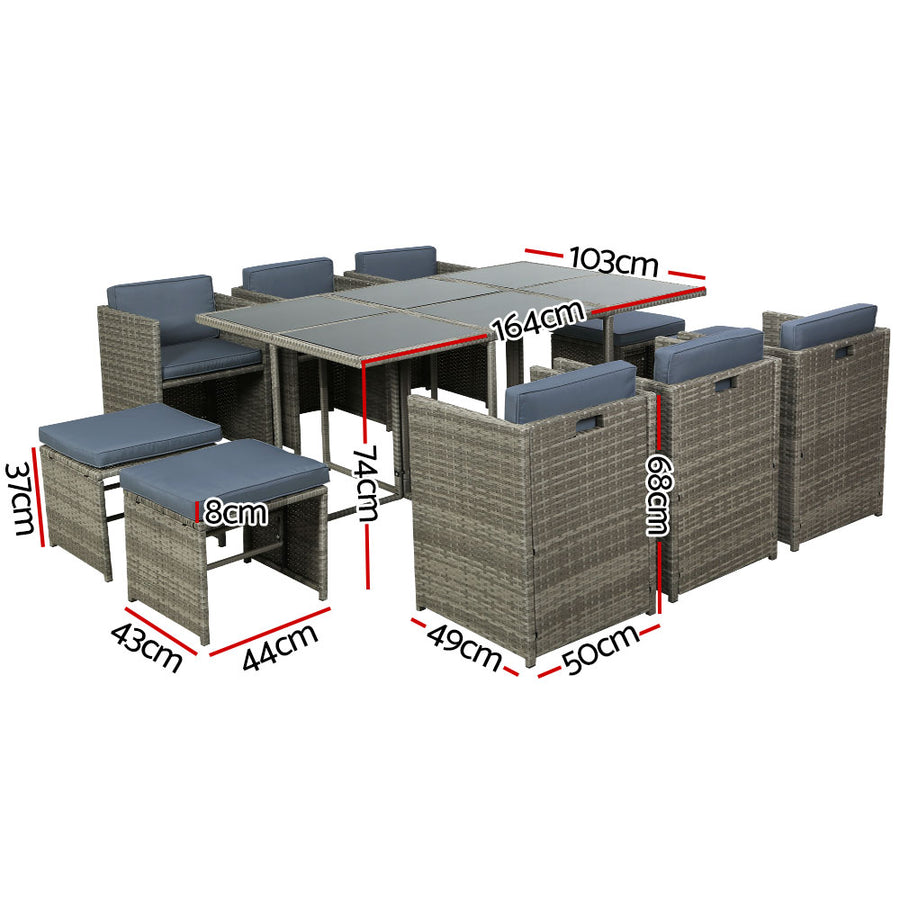 Gardeon Outdoor Dining Set 11 Piece Wicker Table Chairs Setting Grey, image 2