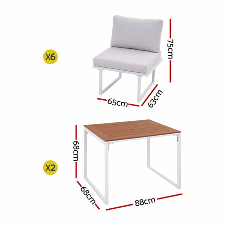 Gardeon 6 Seater Outdoor Dining Sofa Set Steel Frame Cushions White, image 2