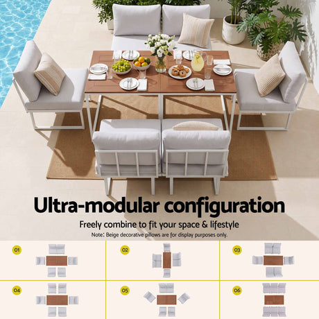 Gardeon 6 Seater Outdoor Dining Sofa Set Steel Frame Cushions White, image 4