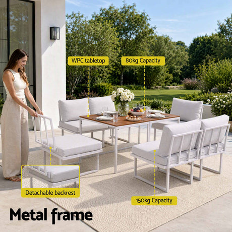 Gardeon 6 Seater Outdoor Dining Sofa Set Steel Frame Cushions White, image 5