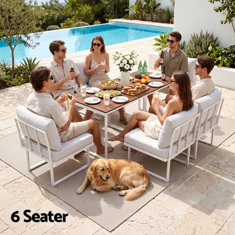 Gardeon 6 Seater Outdoor Dining Sofa Set Steel Frame Cushions White, image 7