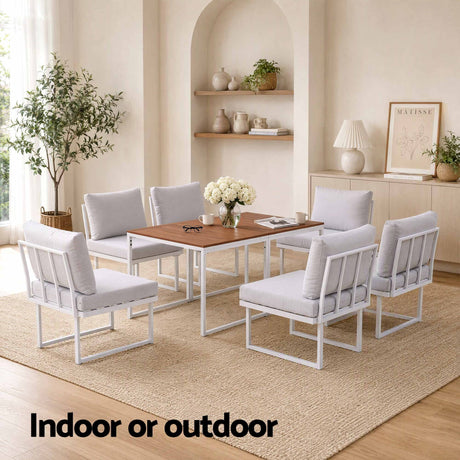 Gardeon 6 Seater Outdoor Dining Sofa Set Steel Frame Cushions White, image 8
