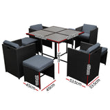 Gardeon Outdoor Dining Set 9 Piece Wicker Table Chairs Setting Black - Front View
