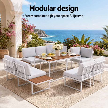 Gardeon 8 Seater Outdoor Dining Sofa Set with WPC Side Tables Patio Furniture White, image 4