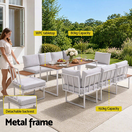 Gardeon 8 Seater Outdoor Dining Sofa Set with WPC Side Tables Patio Furniture White, image 5