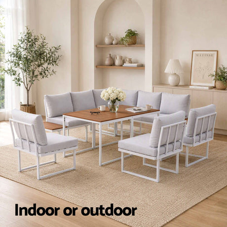 Gardeon 8 Seater Outdoor Dining Sofa Set with WPC Side Tables Patio Furniture White, image 8