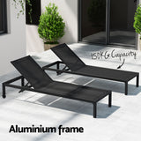 Gardeon Sun Lounge Outdoor Lounger Aluminium Folding Beach Chair Wheels Black - 45-Degree Angle