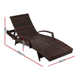 Gardeon 2PC Sun Lounge Wicker Lounger Outdoor Furniture Beach Chair Patio Adjustable Cushion Brown - Front View