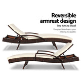 Gardeon 2PC Sun Lounge Wicker Lounger Outdoor Furniture Beach Chair Patio Adjustable Cushion Brown - Rear View