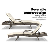 Gardeon 2PC Sun Lounge Wicker Lounger Outdoor Furniture Beach Chair Adjustable Cushion Grey&Beige - Rear View