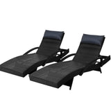 Gardeon 2x Sun Lounge Wicker Lounger Outdoor Furniture Beach Chair Armrest Adjustable Black - Low Angle