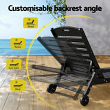 Gardeon Sun Lounge Lounger Beach Chair HDPE Patio Outdoor Furniture with Wheels Black - 45-Degree Angle