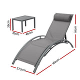 Gardeon 3PC Sun Lounge Outdoor Lounger Steel Table Chairs Patio Furniture Grey - Front View