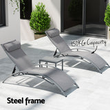 Gardeon 3PC Sun Lounge Outdoor Lounger Steel Table Chairs Patio Furniture Grey - 45-Degree Angle