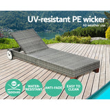 Gardeon Sun Lounge Wicker Lounger Outdoor Furniture Day Bed Wheels Patio Grey - 45-Degree Angle