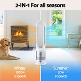 Devanti Bladeless Tower Fan Heater and Cooler 2in1 Portable Oscillation Fan for Bedroom Room Office Use White - 45-Degree Angle