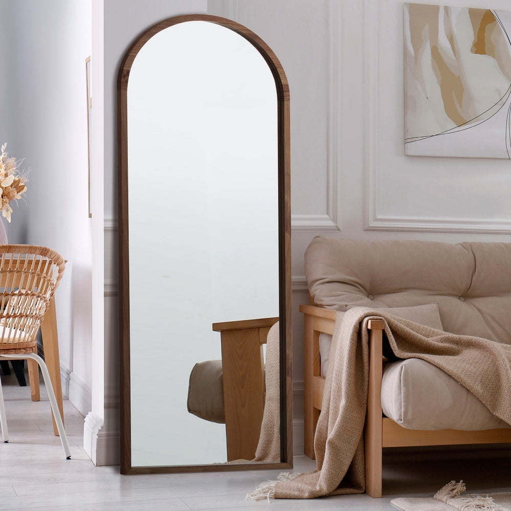 Oikiture Wooden Full Length Mirror 166x60cm Arched Floor Mirrors Brown