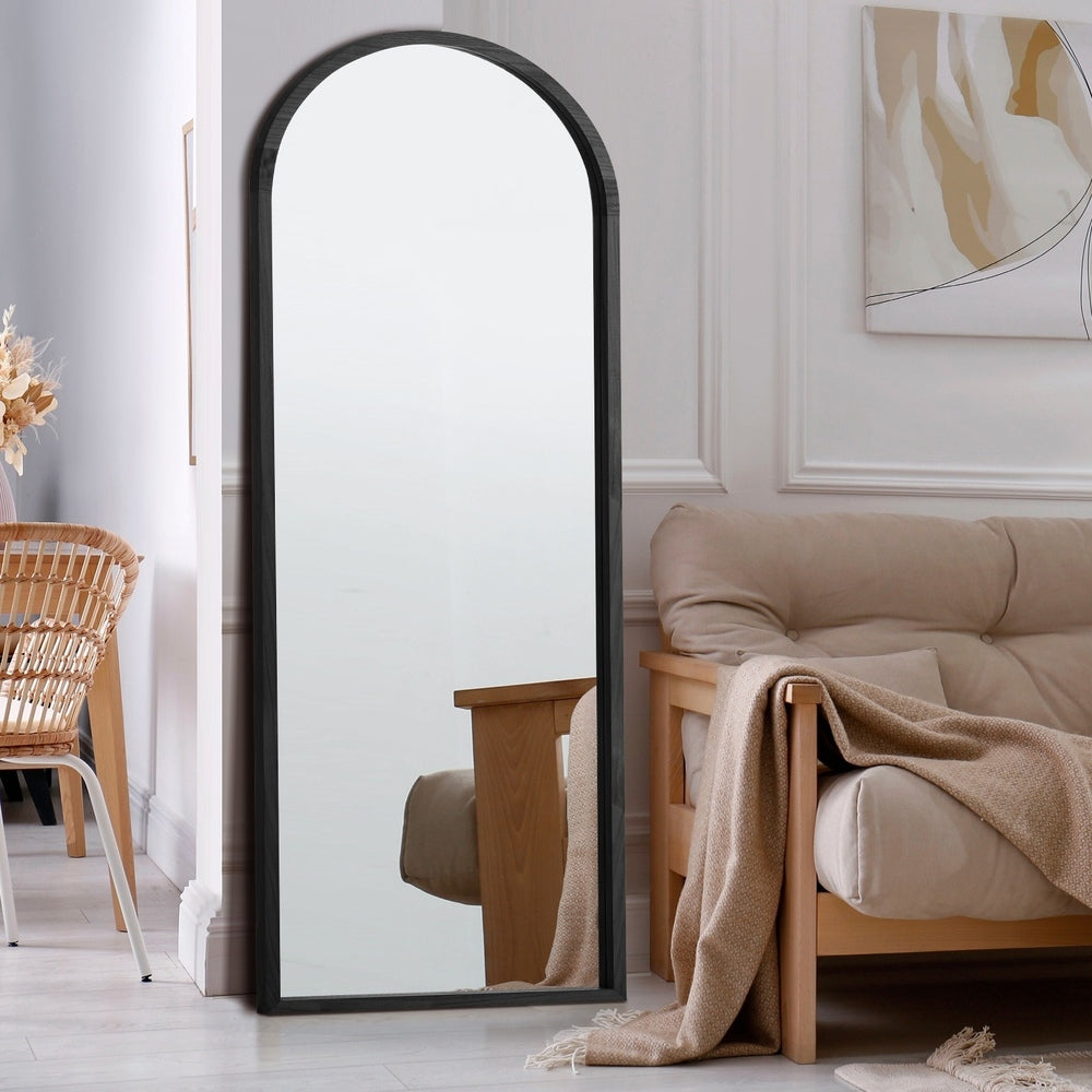 Oikiture Wooden Full Length Mirror 166x60cm Arched Floor Mirror Black