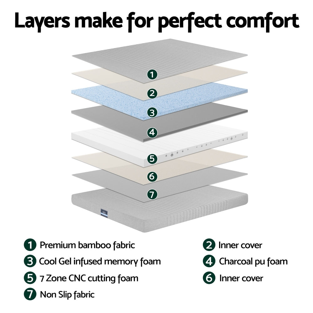 Giselle Bedding Cool Gel Memory Foam Mattress Charcoal 7-Zone Washable Bamboo Cover 15cm Queen