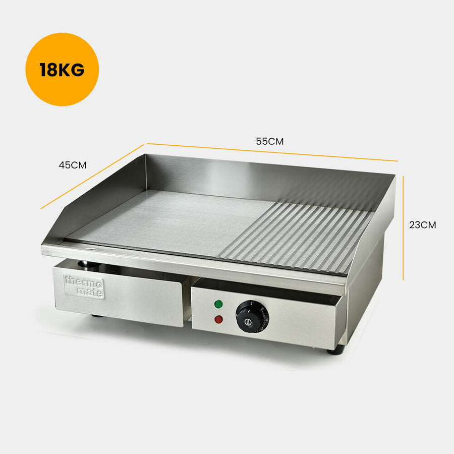 THERMOMATE Commercial Electric Griddle, 2400W 55x35cm Half Ribbed Surface