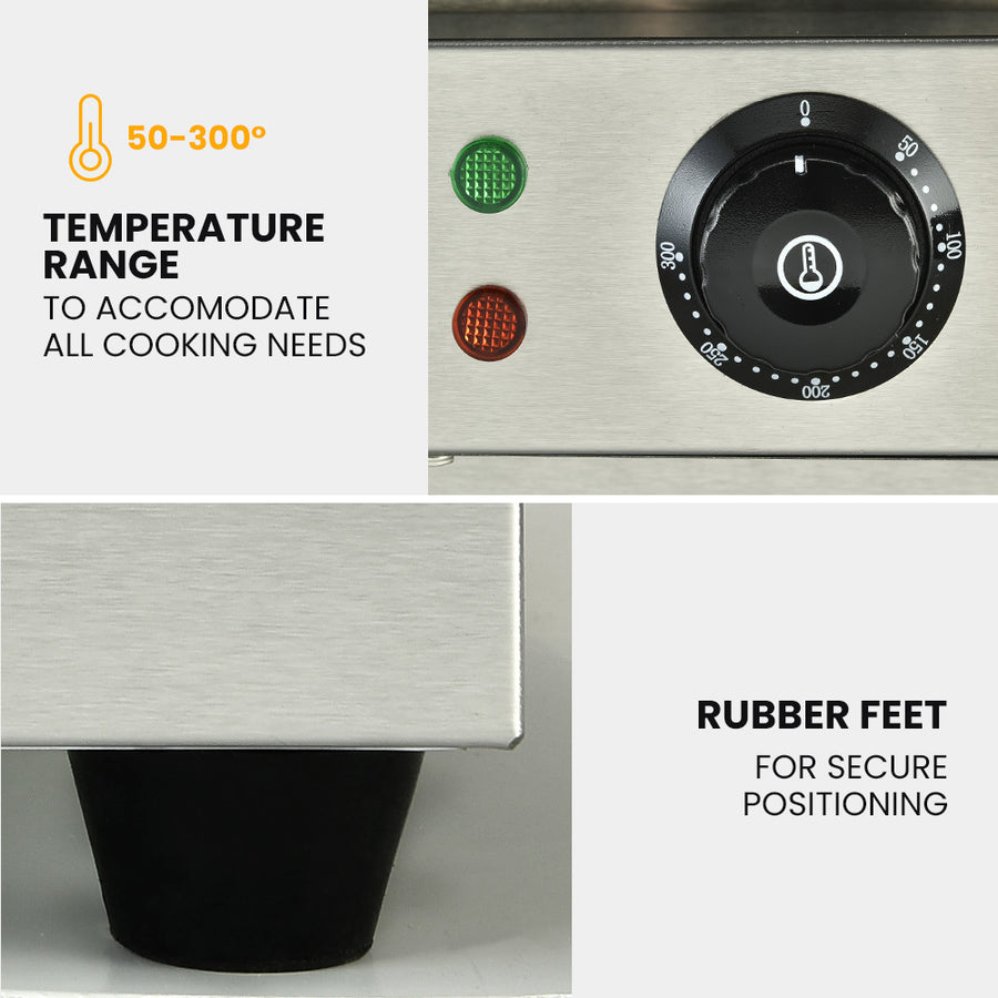 THERMOMATE Commercial Electric Griddle, 2400W 55x35cm Half Ribbed Surface