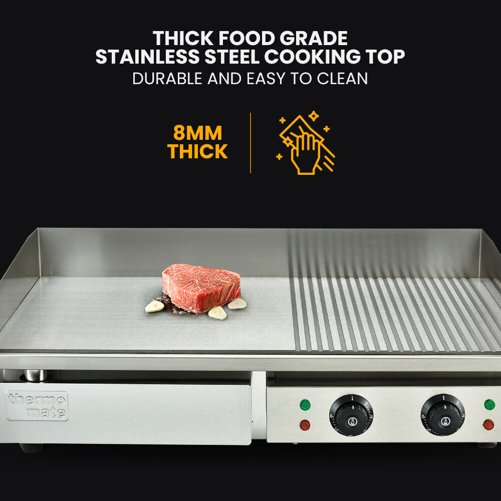 THERMOMATE Commercial Electric Griddle, 4400W 73x40cm Half Ribbed Dual Surface
