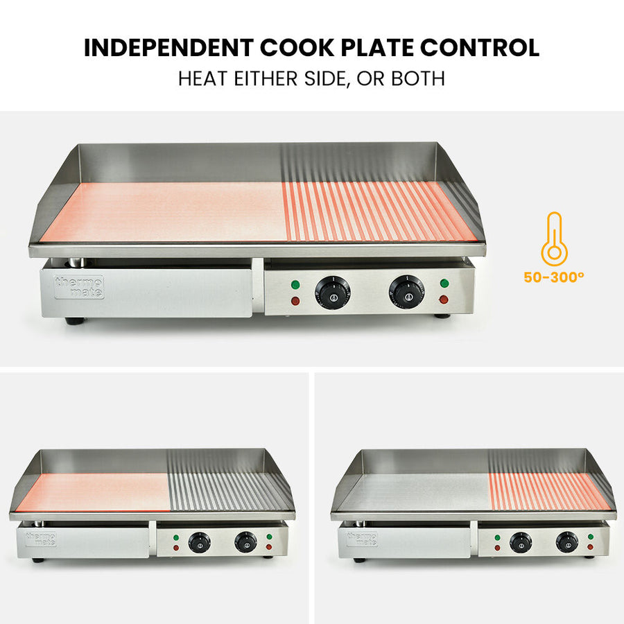 THERMOMATE Commercial Electric Griddle, 4400W 73x40cm Half Ribbed Dual Surface