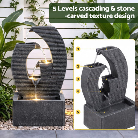 Gardeon Solar Fountain 5 Levels Cascading Water Feature Resin 50cm Black, image 4