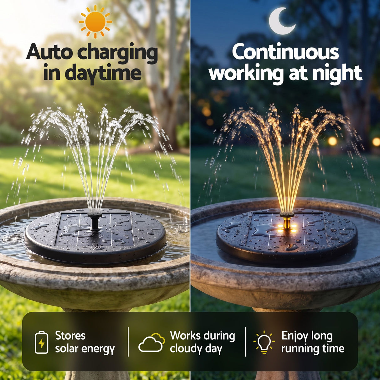 Gardeon Solar Fountain Pumps Bird Bath Battery Backup LED Remote Black 27cm