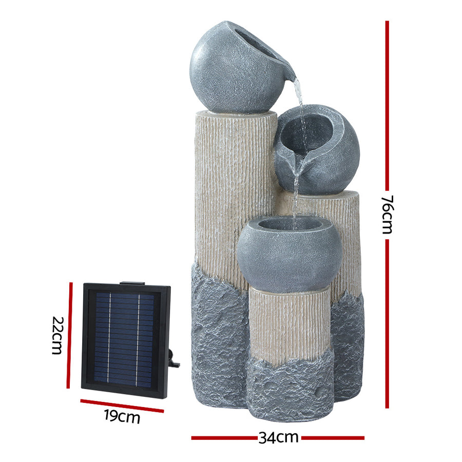 Gardeon Solar Water Feature Cascading Fountain 3-Tier Pot LED Lights 76CM Grey, LED Lights