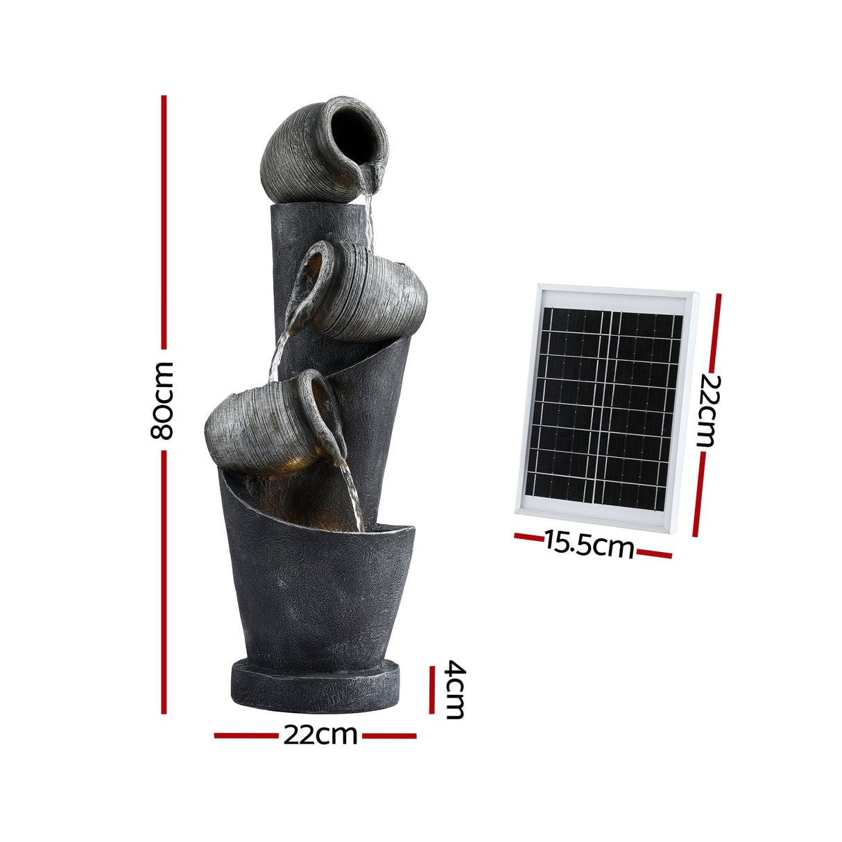 Gardeon Solar Fountain Water Feature Cascading Fountain 3-Tier Pot LED Lights 80CM Grey