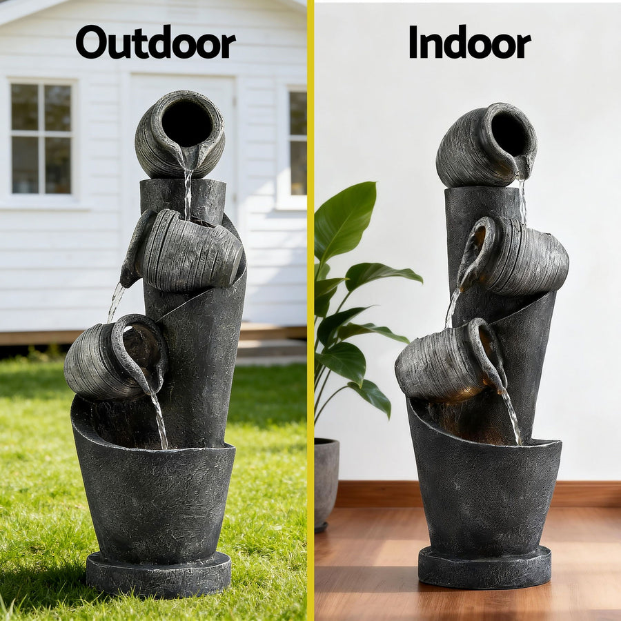 Gardeon Solar Fountain Water Feature Cascading Fountain 3-Tier Pot LED Lights 80CM Grey