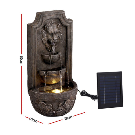 Gardeon Solar Fountain Water Feature Lion Head Wall Fountain 67cm Brown, Solar Powered