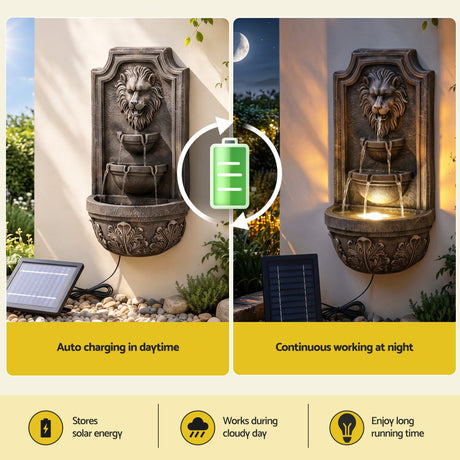 Gardeon Solar Fountain Water Feature Lion Head Wall Fountain 67cm Brown, image 5