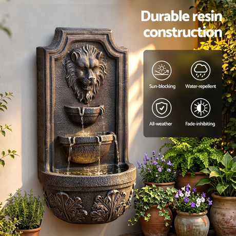 Gardeon Solar Fountain Water Feature Lion Head Wall Fountain 67cm Brown, image 6