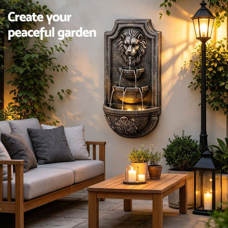 Gardeon Solar Fountain Water Feature Lion Head Wall Fountain 67cm Brown, image 7