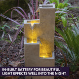 Protege Contemporary Solar Water Fountain Outdoor Garden Feature, Cascading Design, with Panel Kit, LED Lights, Light Grey - Close-Up Angle