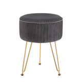Velvet Round Footstool with Vertical Stripes in Grey - Front View