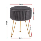 Velvet Round Footstool with Vertical Stripes in Grey - Side View