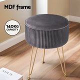 Velvet Round Footstool with Vertical Stripes in Grey - 45-Degree Angle