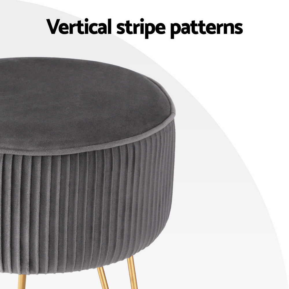 Velvet Round Footstool with Vertical Stripes in Grey