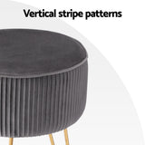 Velvet Round Footstool with Vertical Stripes in Grey - Rear View