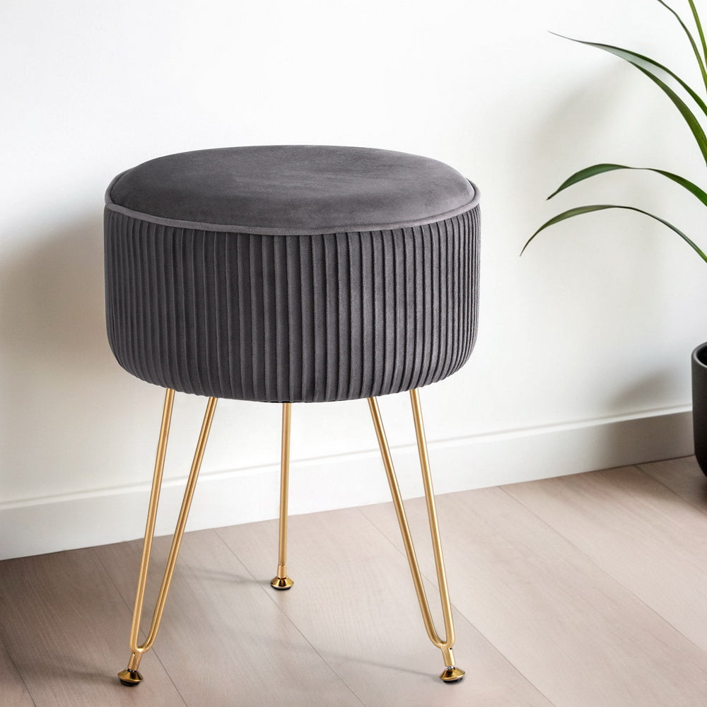 Velvet Round Footstool with Vertical Stripes in Grey
